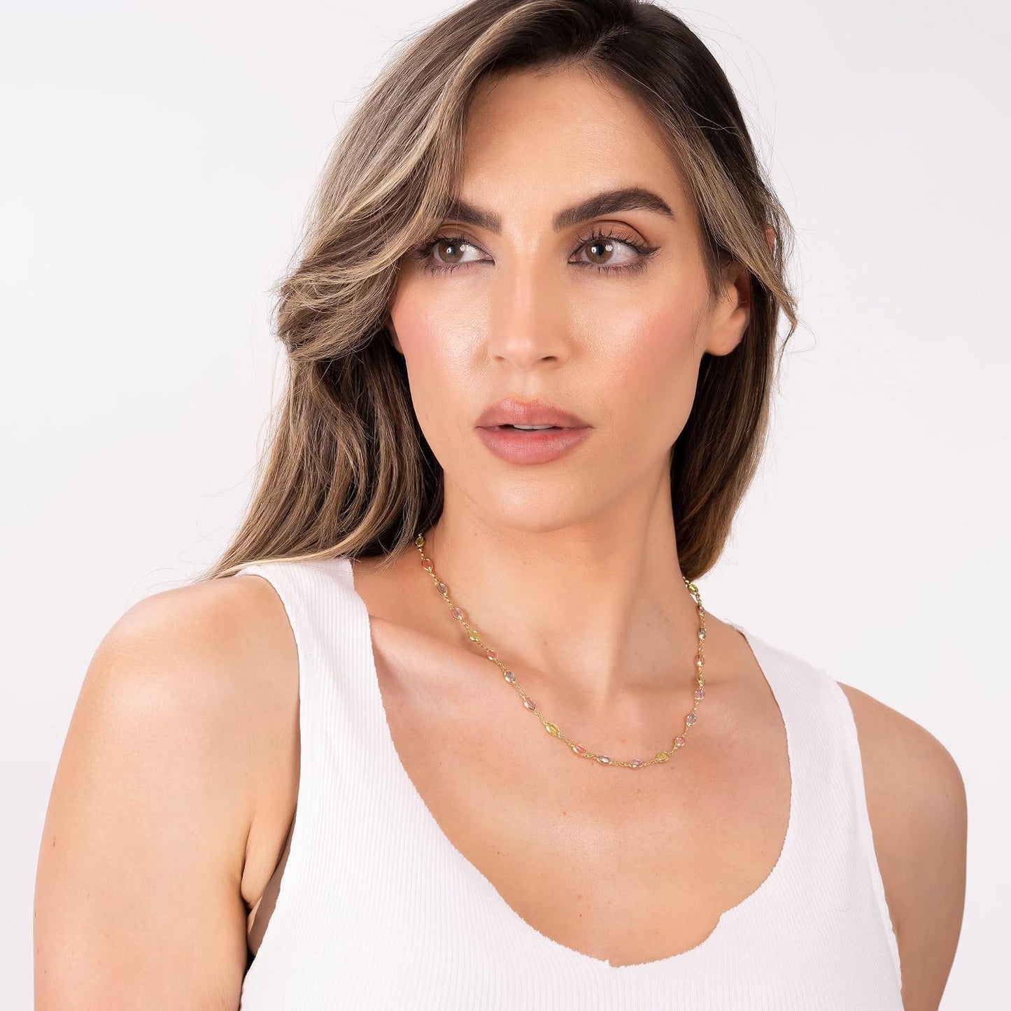 Barzel Collar ovalado de cristal de piedra multicolor chapado en or...