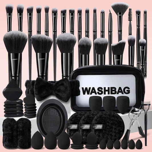HGHDBT Juego de 65 brochas de maquillaje negro, kit de maquillaje p...