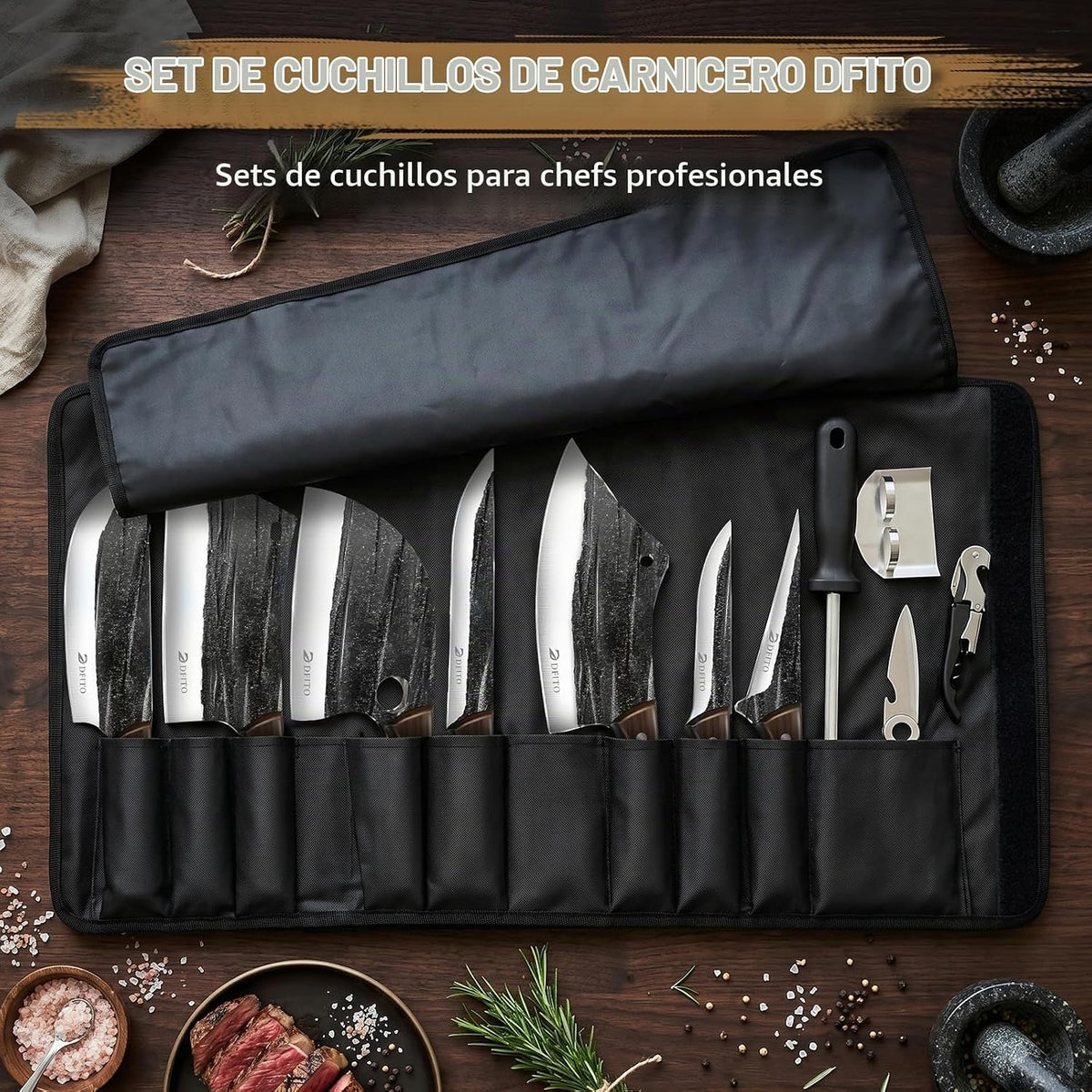 Dfito Juego de cuchillos de carnicero con bolsa de rollo, juego de...