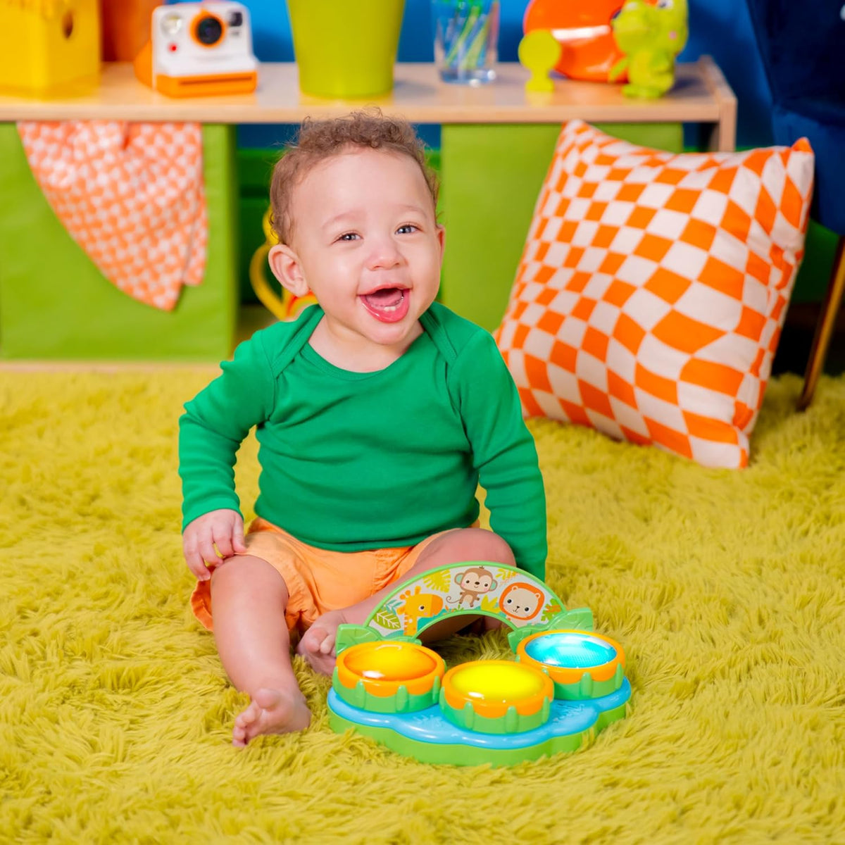 Bright Starts Safari Beats - Tambor musical de juguete con luces, a...