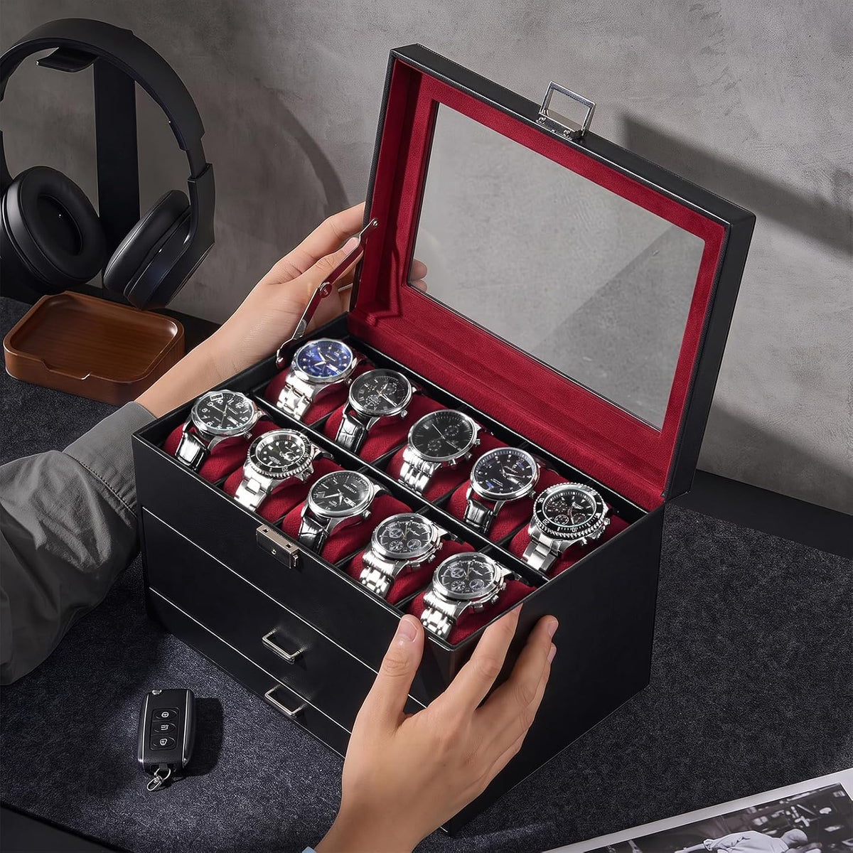 ProCase Caja de reloj de 3 capas con tapa de vidrio para hombre, 20...