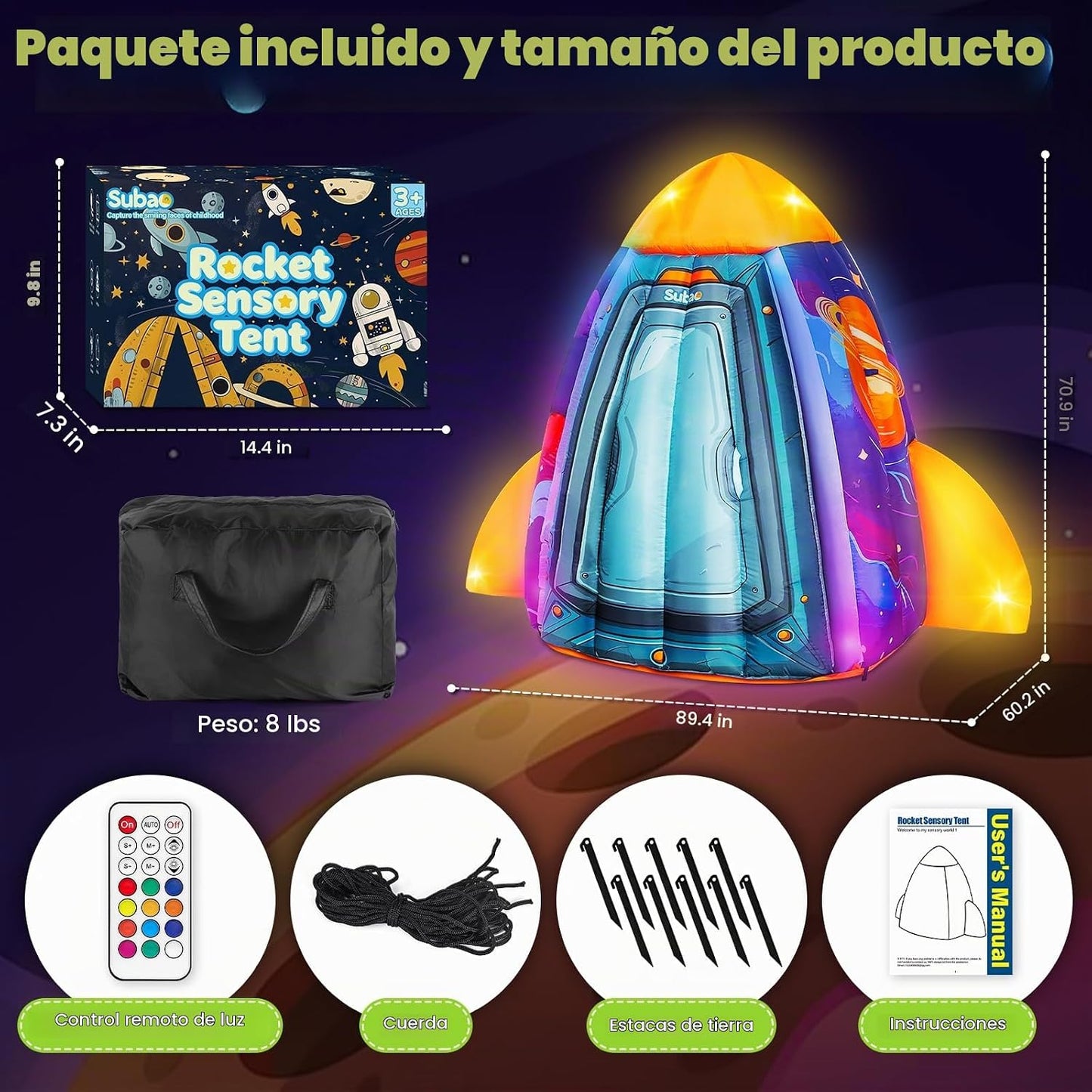 Subao Rocket - Tienda de campaña sensorial inflable con luz para ni...