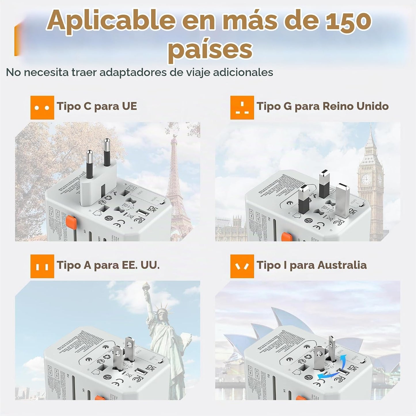 TESSAN Adaptador de viaje universal, adaptador de corriente interna...