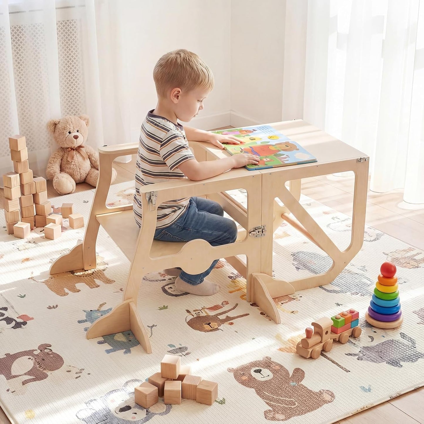 Costzon Torre convertible para niños, mesa y silla de madera para n...