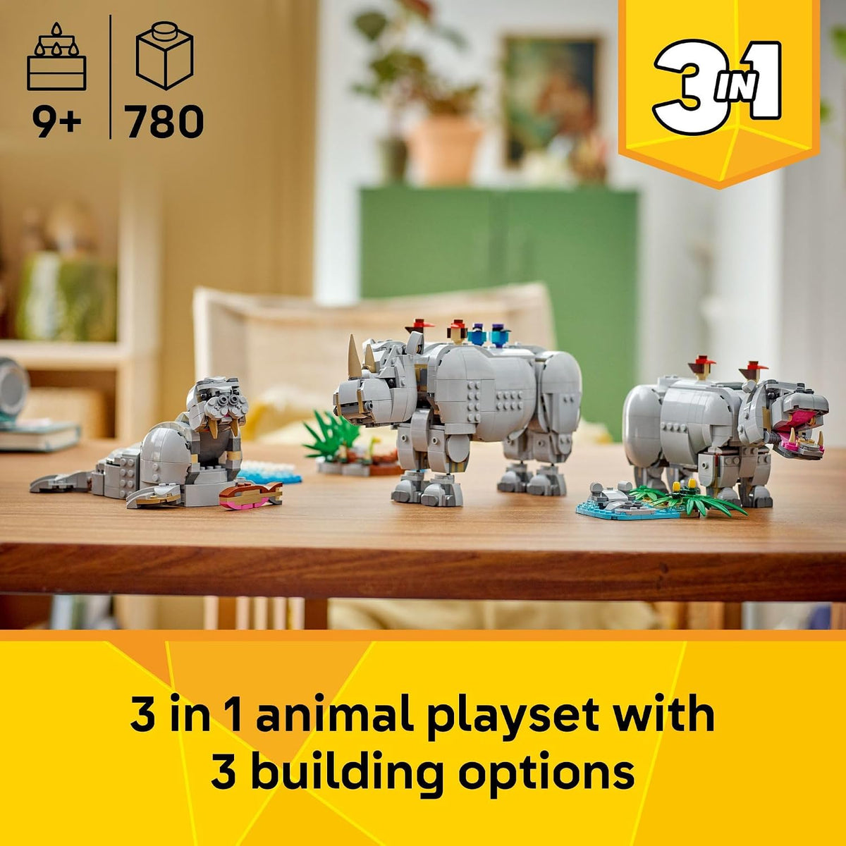 LEGO Creator 3 en 1 Wild Animals: Majestic Rinoceronte con pájaros...