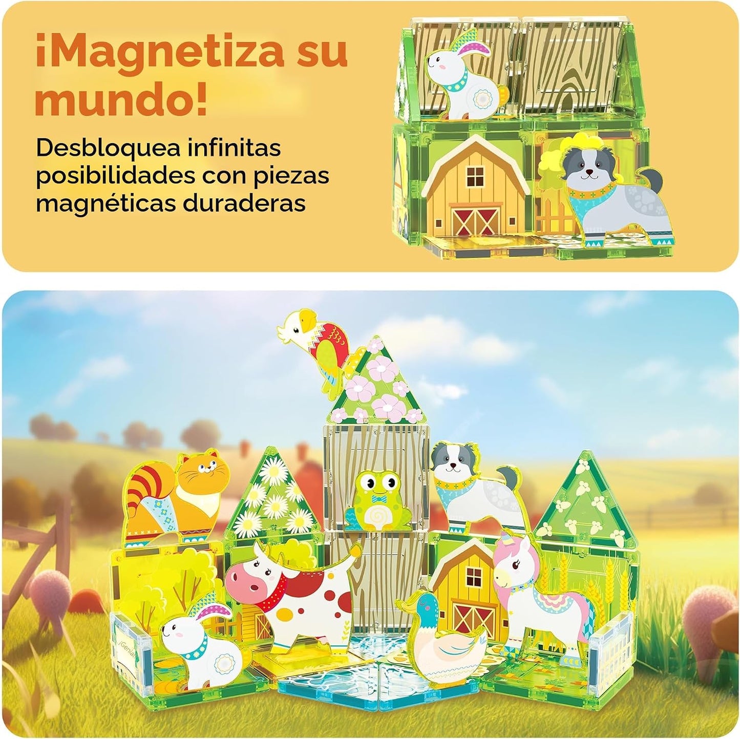 PicassoTiles Juego de 26 azulejos magnéticos, juego de granja de ot...