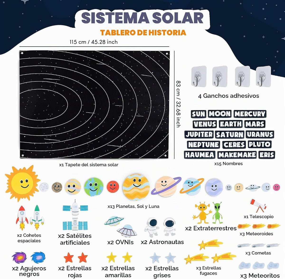 BONNYCO Sistema Solar para Niños Juguetes con 61 Figuras de Fieltro...