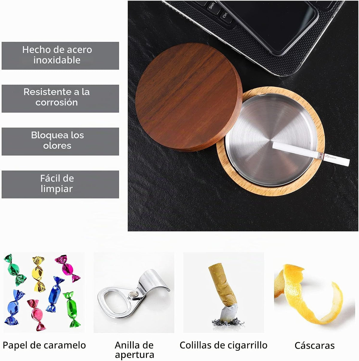 Cenicero de madera con tapa para fumadores, revestimiento de acero...
