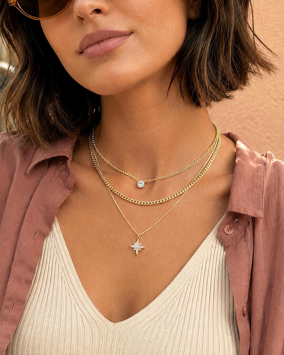 GUOKE Collares de oro en capas para mujer, chapado en oro de 14 qui...