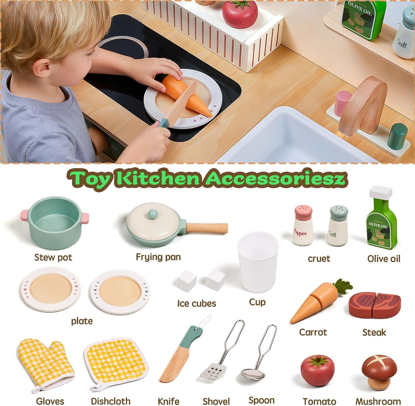 Juego de cocina de madera para niños con comida de juego, juego de...