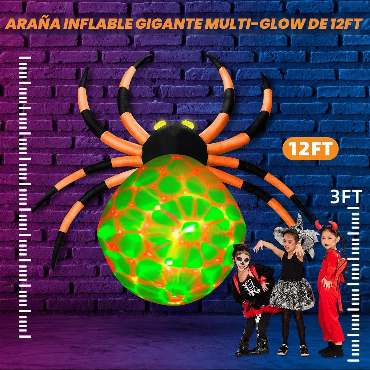 zukakii Araña inflable de Halloween de 12 pies con luces LED cambia...