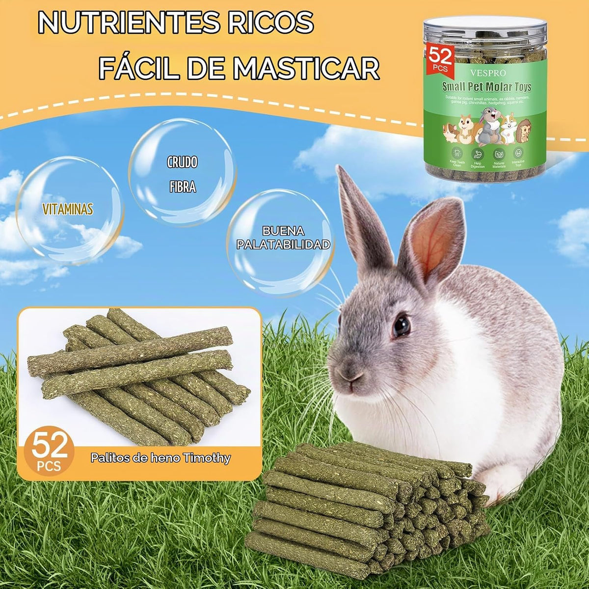 52 palitos masticables de conejo, juguetes de conejillo de indias,...