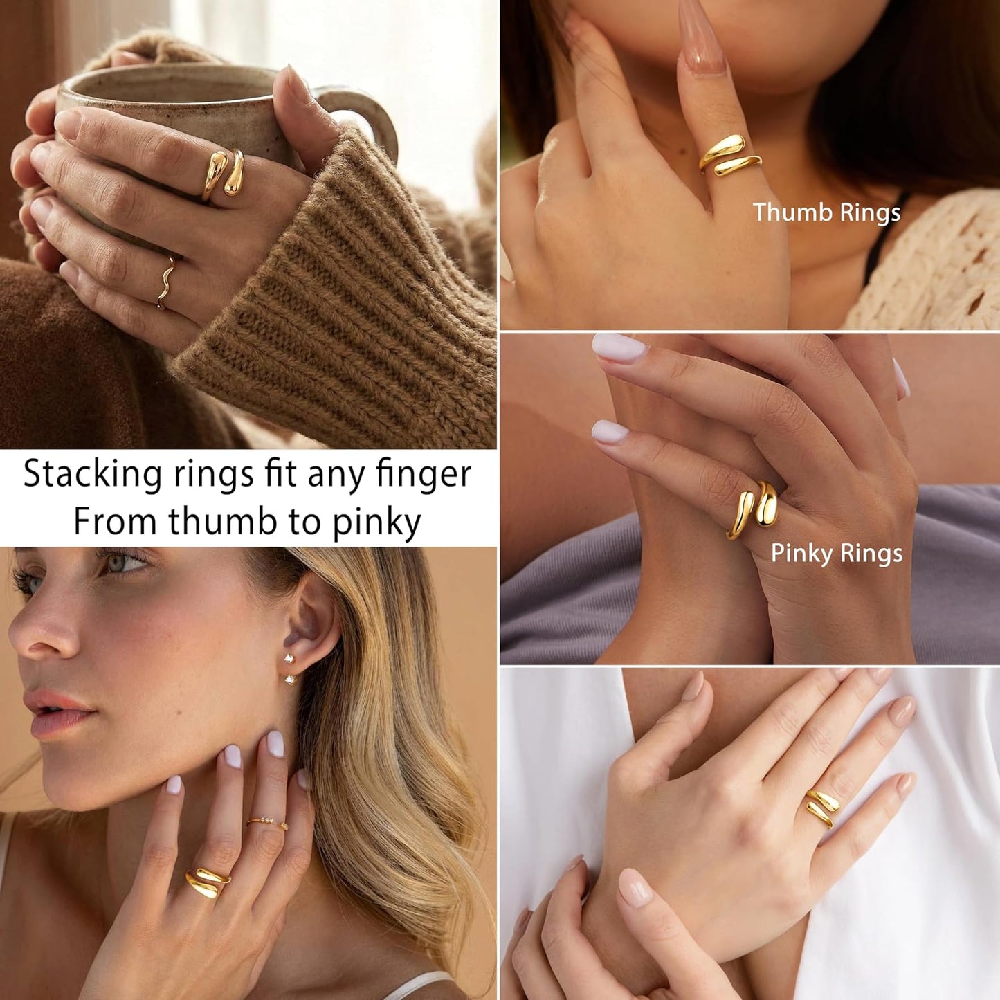 Poxtex - Anillos gruesos dorados para mujer, de oro antideslustre,...