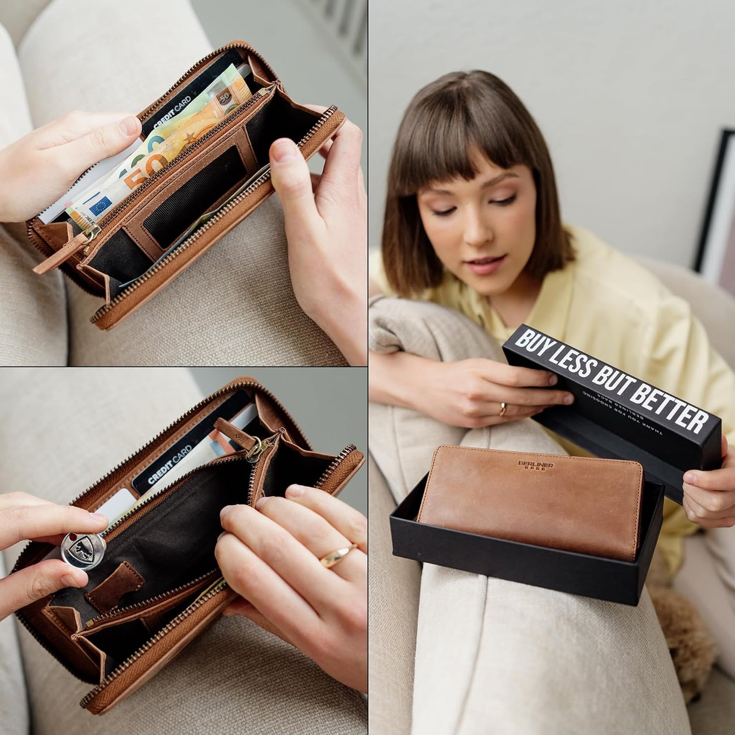BERLINER BAGS Cartera con cremallera de cuero genuino Palma, caja d...