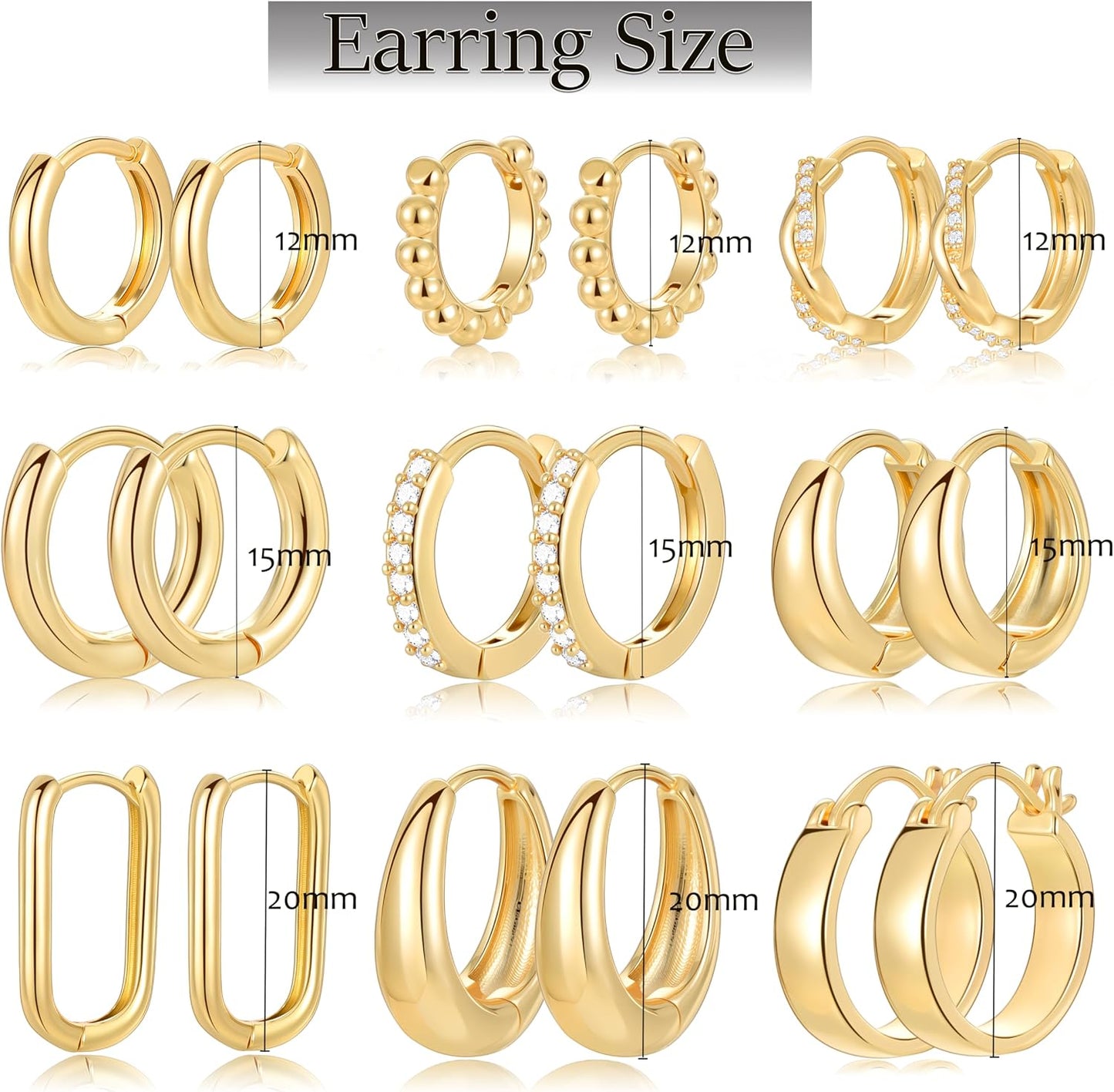 Juego de 9 pares de aretes pequeños tipo aro huggie de oro\/plata p...