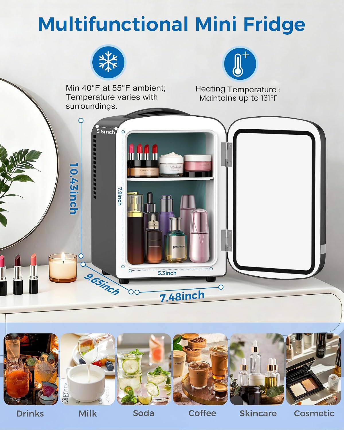 Electactic Mini nevera, 4L\/6 latas refrigerador cosmético para dor...