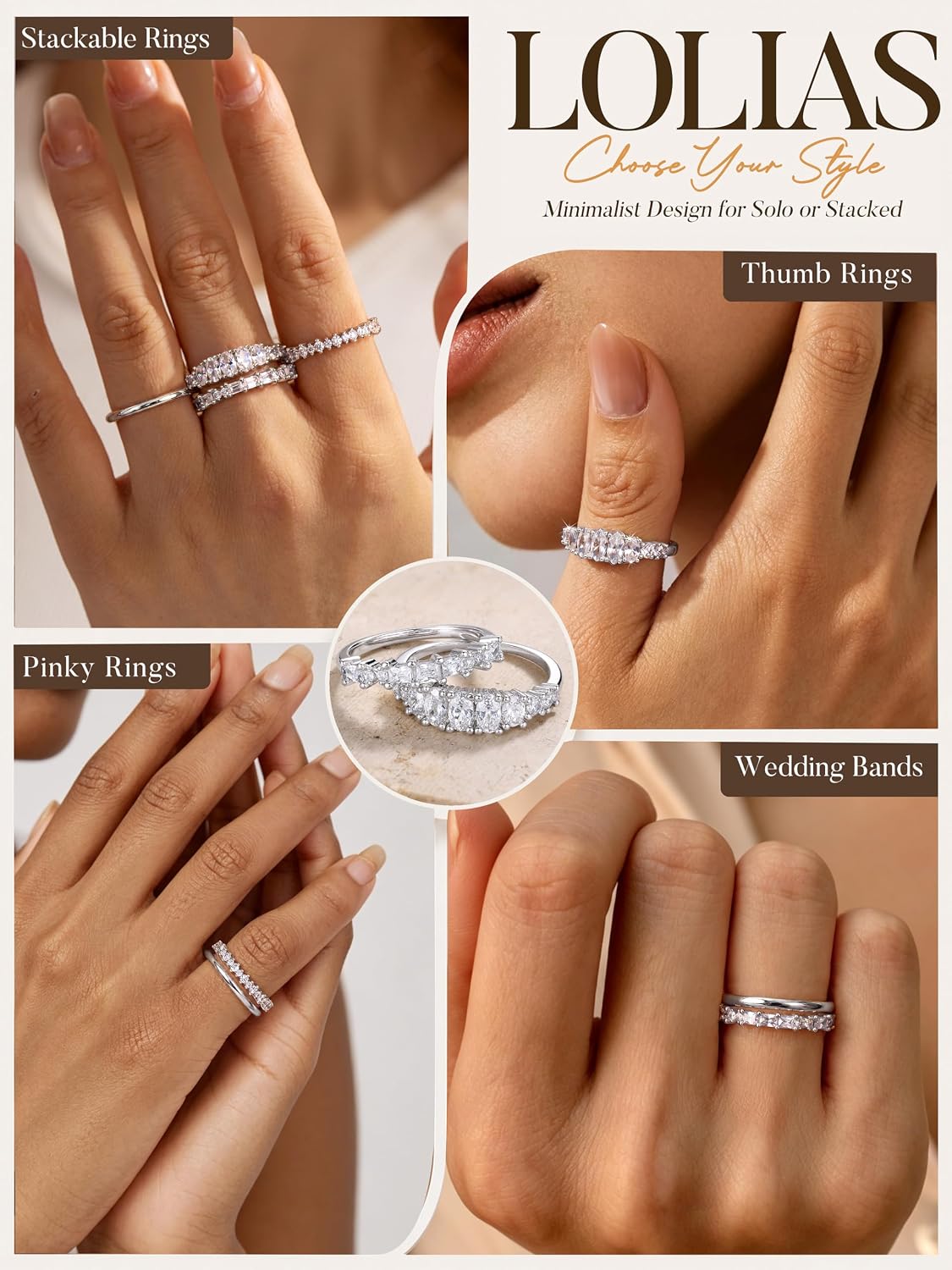LOLIAS Anillos apilables chapados en oro de 14 quilates para mujer...