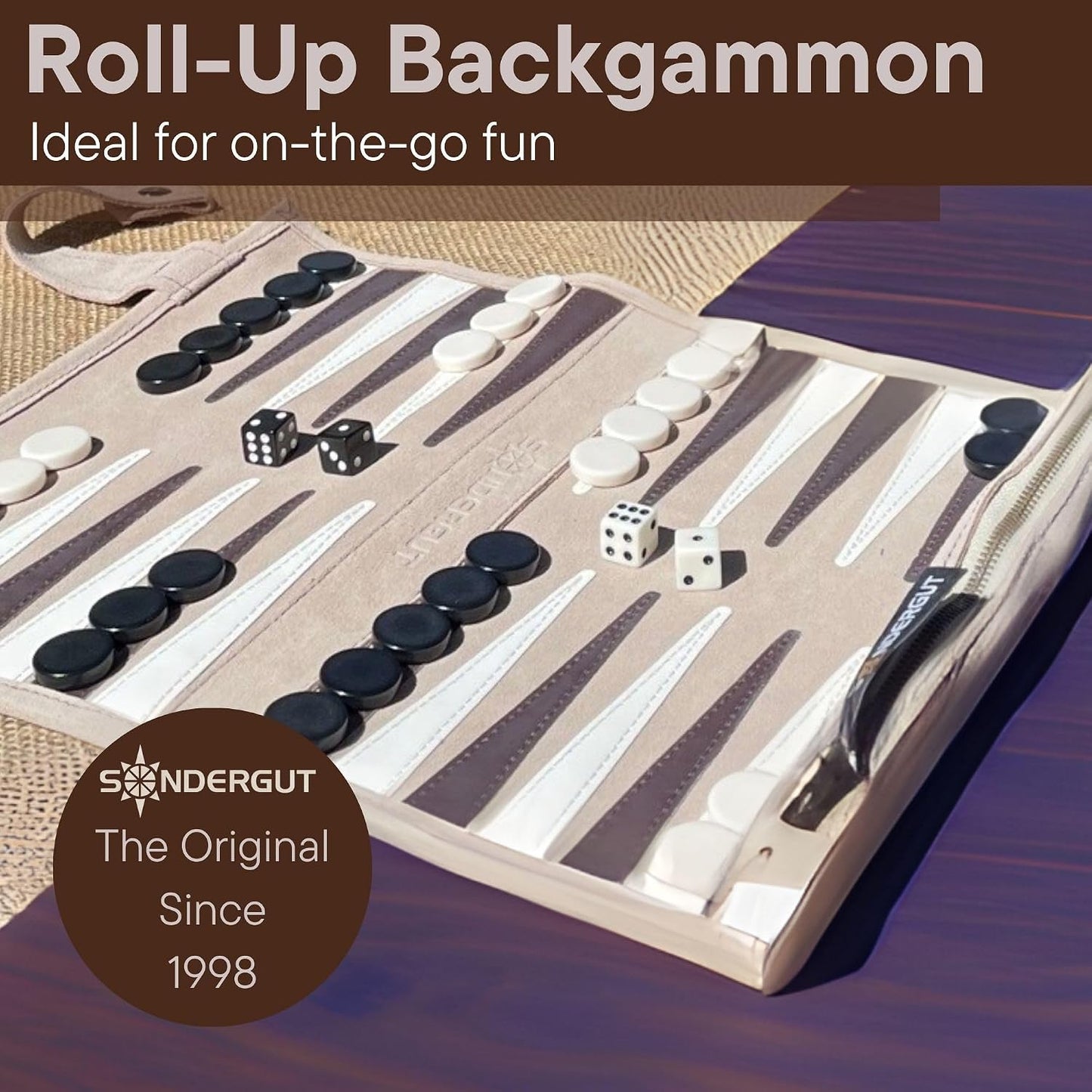 Juego de backgammon de viaje de cuero genuino crema