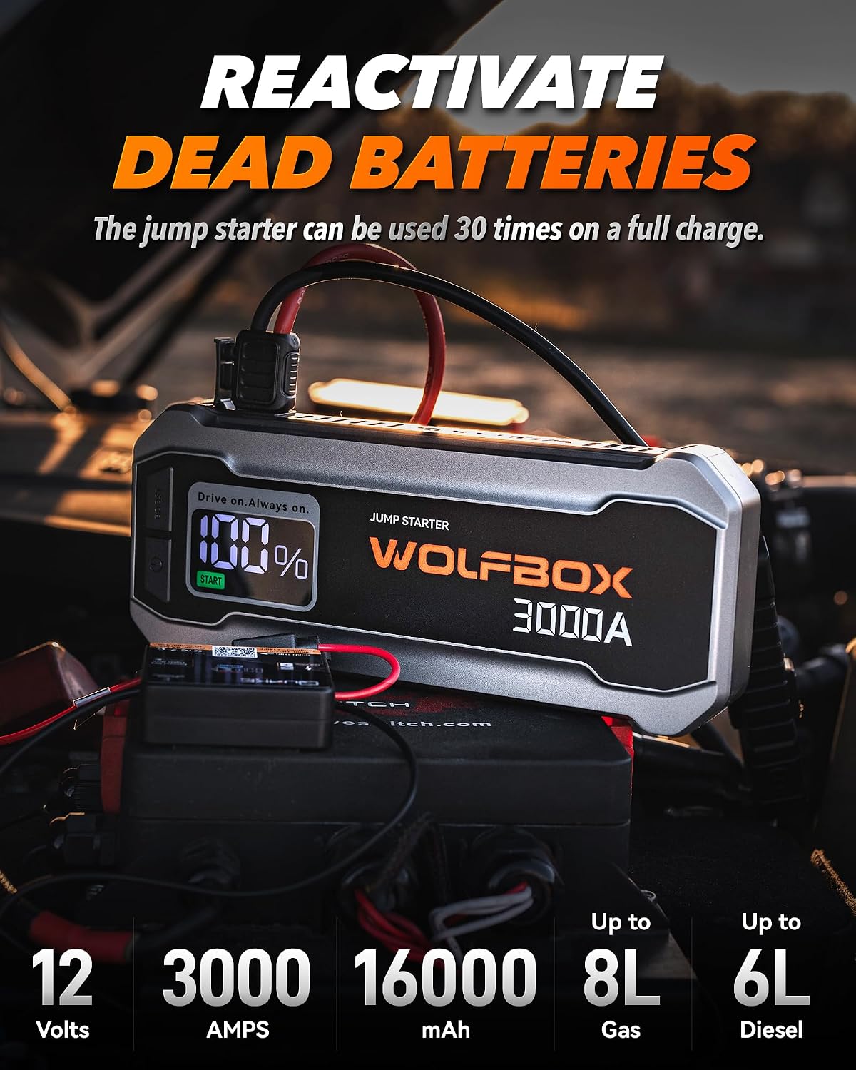 WOLFBOX Arrancador de salto de 3000 A, batería de coche de 12 V con...