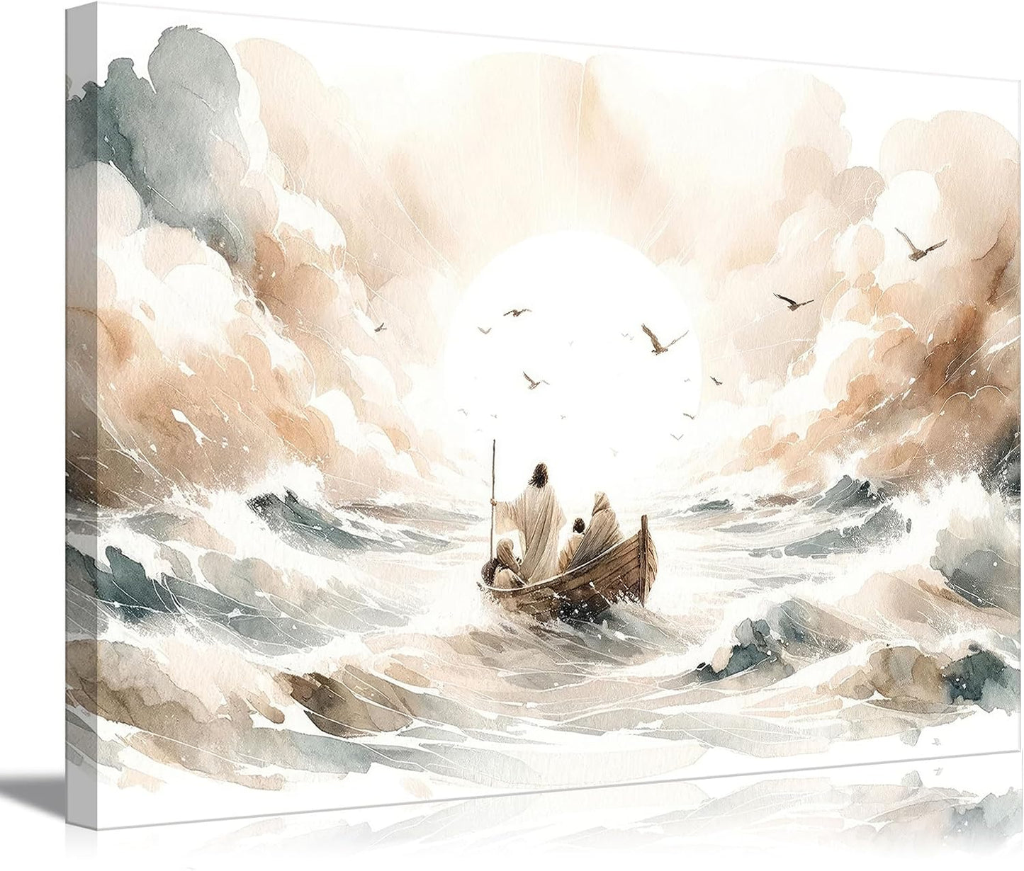 Arte de pared en lienzo Jesús apacigua la tormenta Acuarela Jesús e...