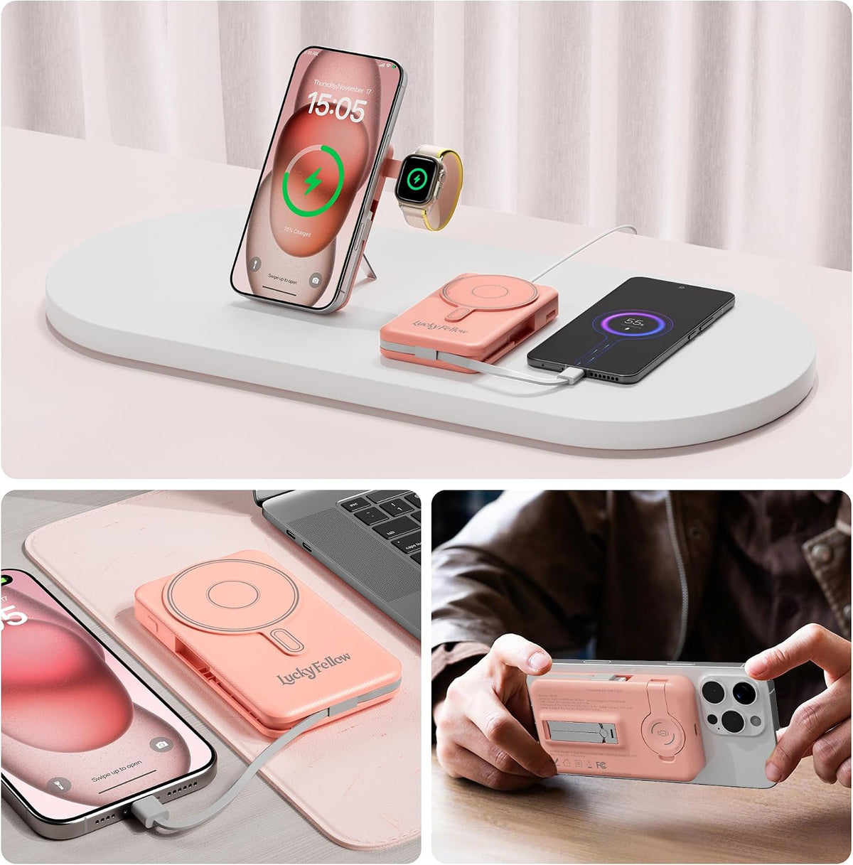 LUCKYFELLOW Cargador portátil magnético de 10000 mAh, cables integr...