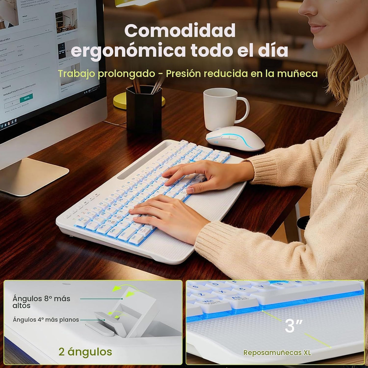 Combo inalámbrico de teclado y ratón blanco, conjunto de teclados y...