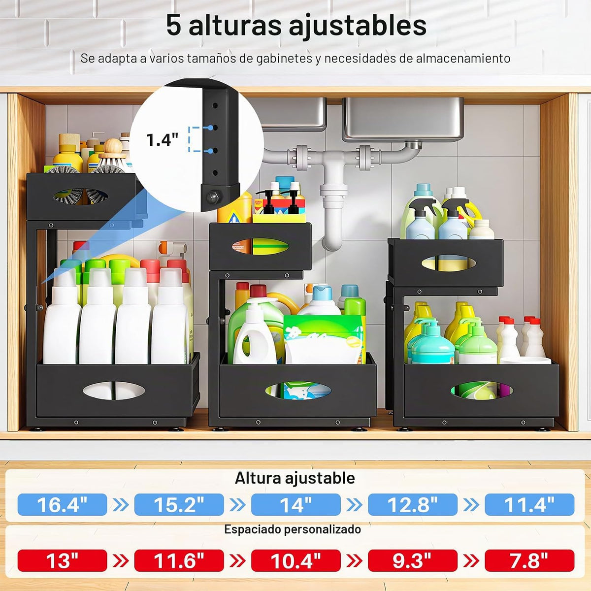 Organizador para debajo del fregadero, paquete de 2 estantes organi...
