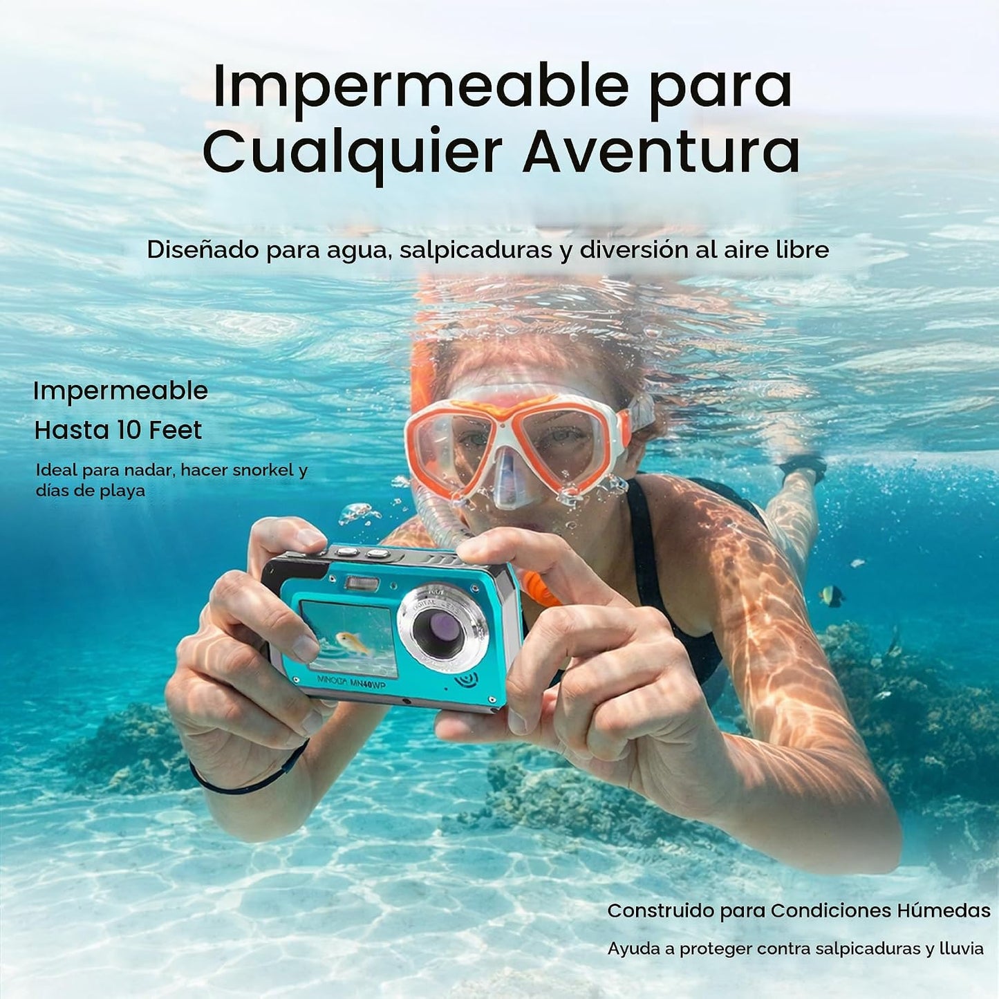 Minolta MN40WP 48MP QHD Cámara impermeable con pantalla LCD dual, c...
