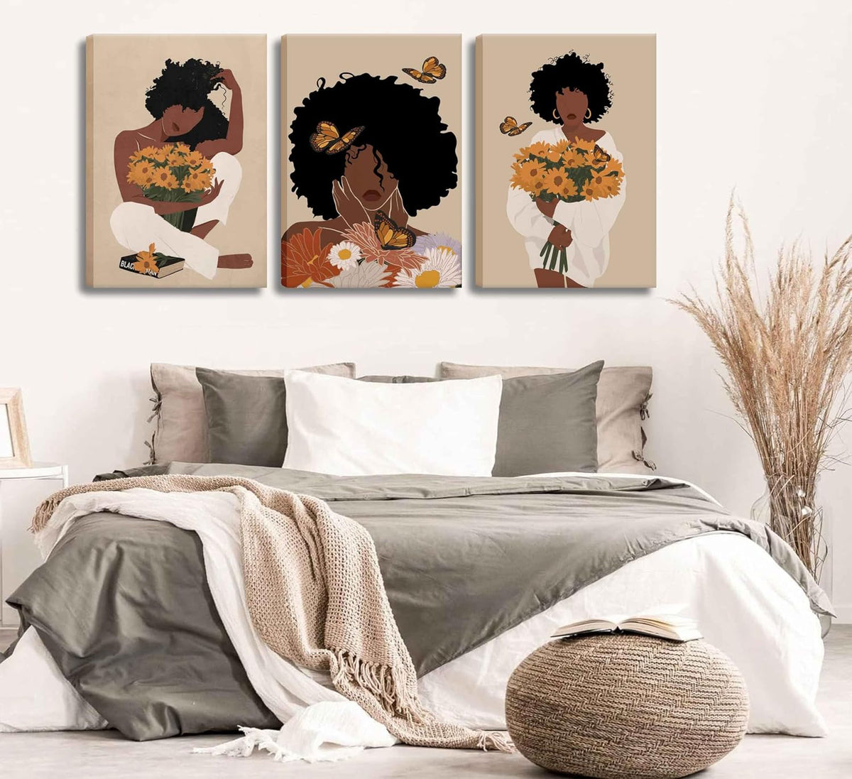 3 piezas de arte de pared de mujer negra, pósters boho de niña negr...
