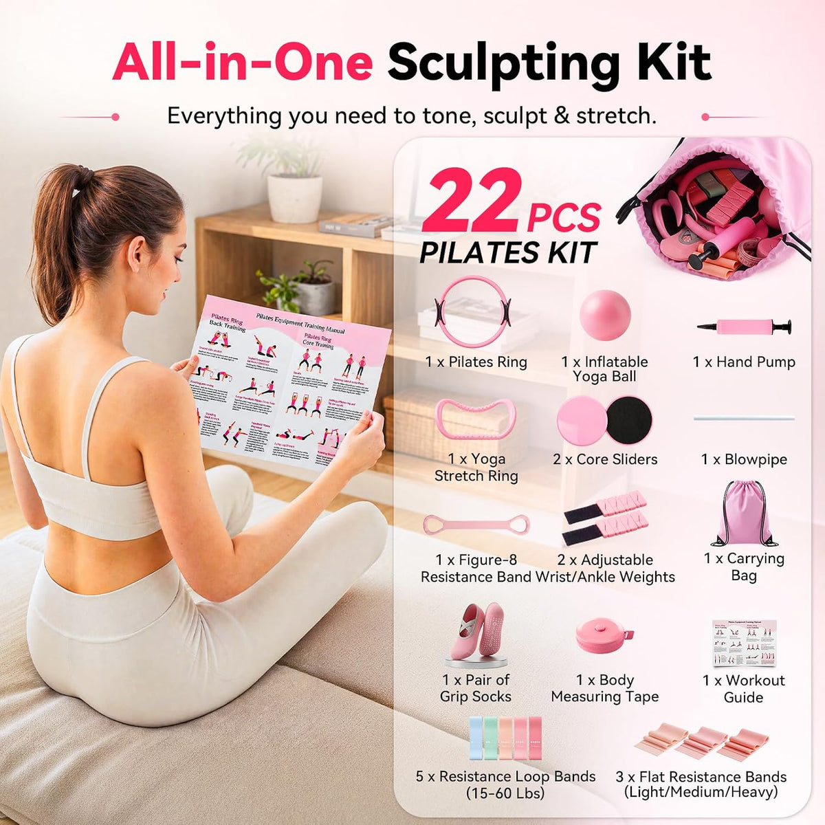 POVAVCX Kit de pilates en casa de 24 piezas para mujer, equipo de p...