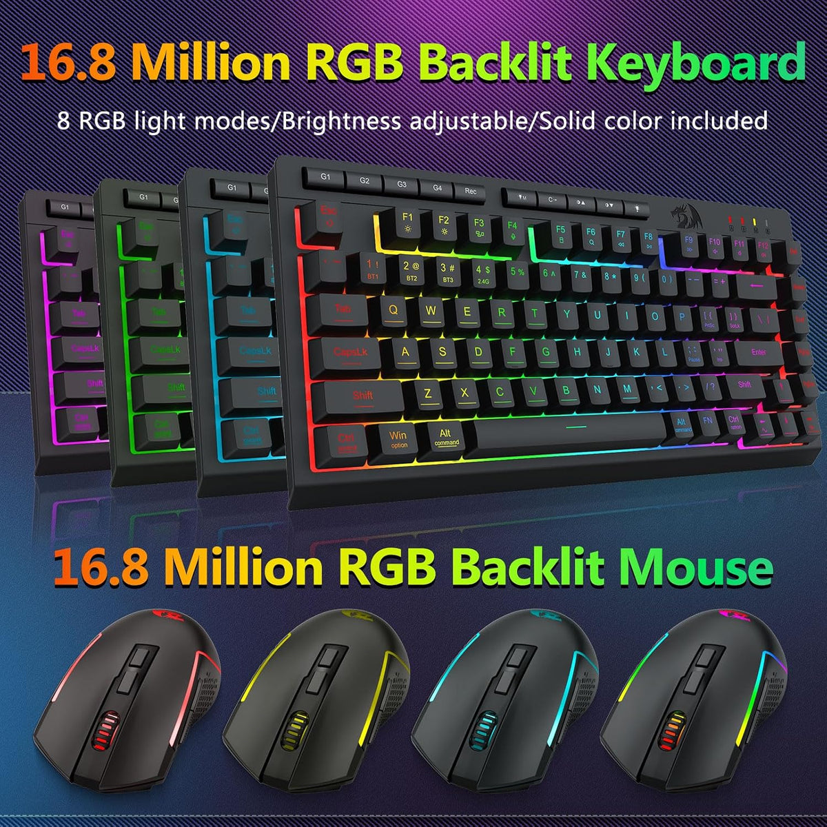 Redragon Combo de teclado y mouse inalámbricos para juegos, Bluetoo...