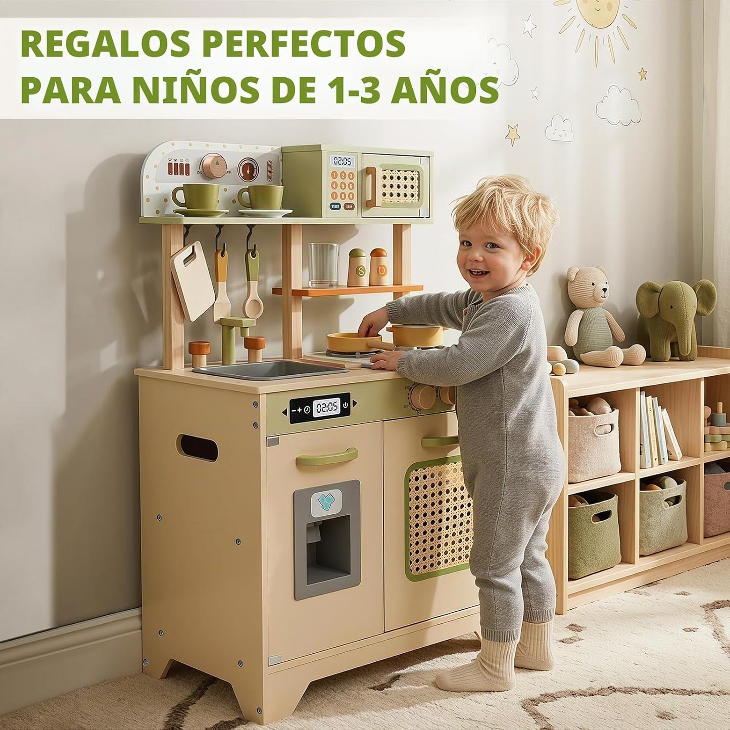 Juego de cocina de madera para niños pequeños, juego de cocina de j...