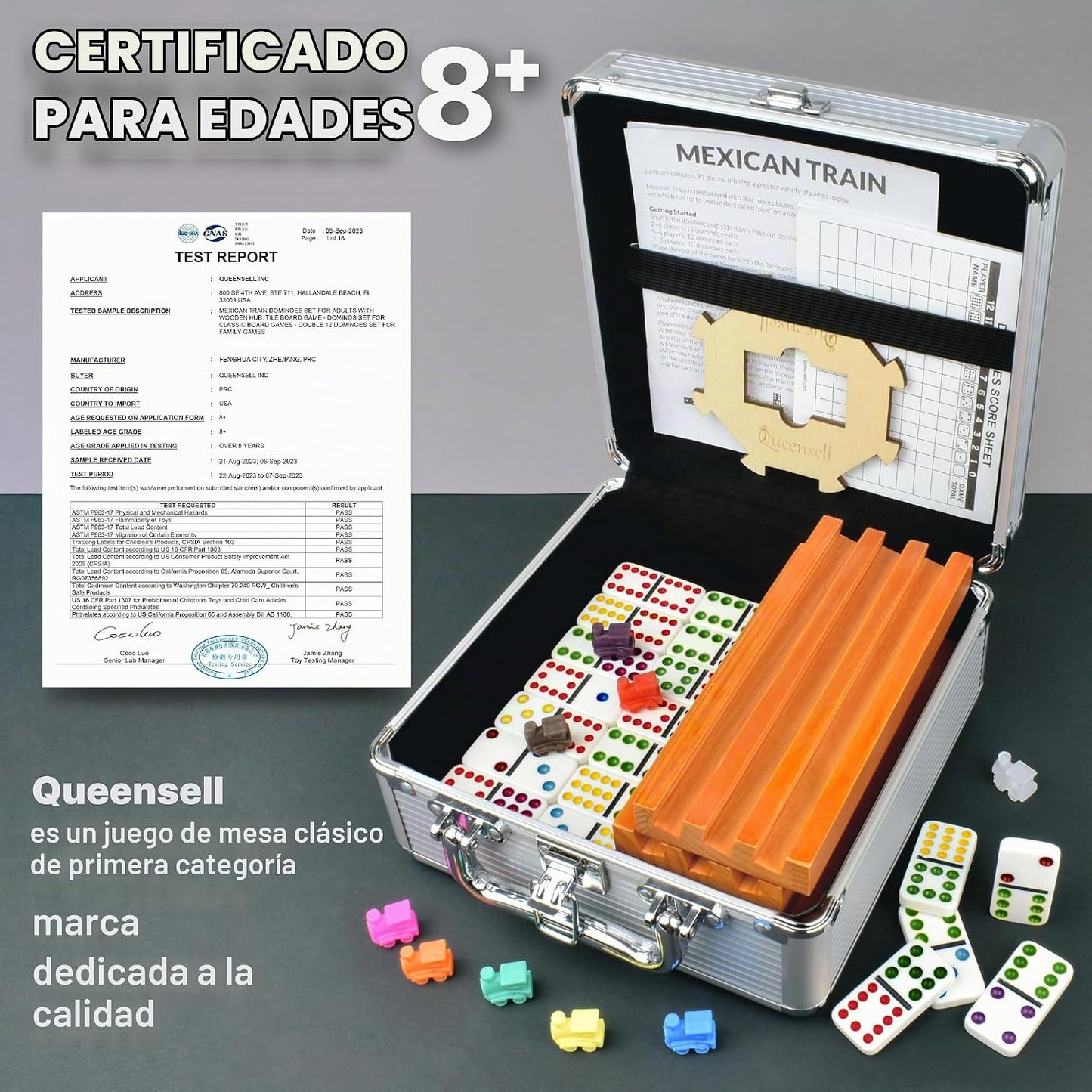 Queensell Juego de dominó de tren mexicano con 8 soportes, cubo de...