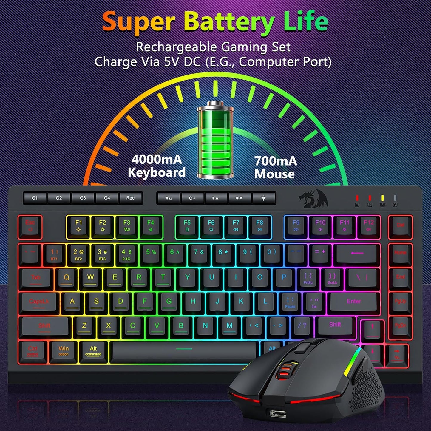 Redragon Combo de teclado y mouse inalámbricos para juegos, Bluetoo...