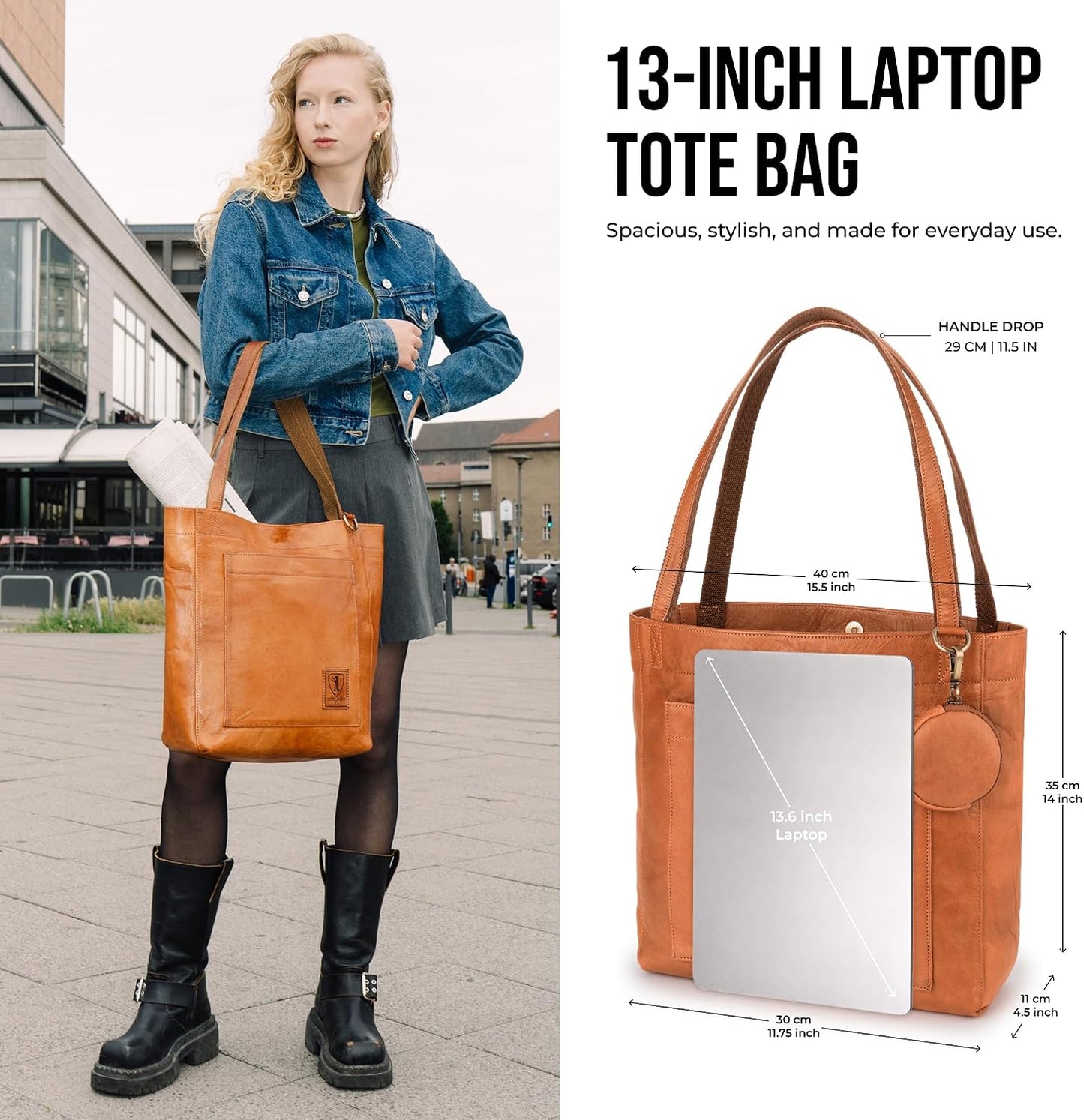 BERLINER BAGS Bolso de mano de cuero auténtico vintage Sevilla, bol...