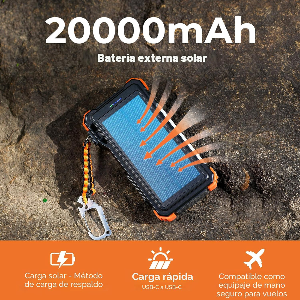 BLAVOR - Banco de energía solar de 20000 mAh con cables incorporado...