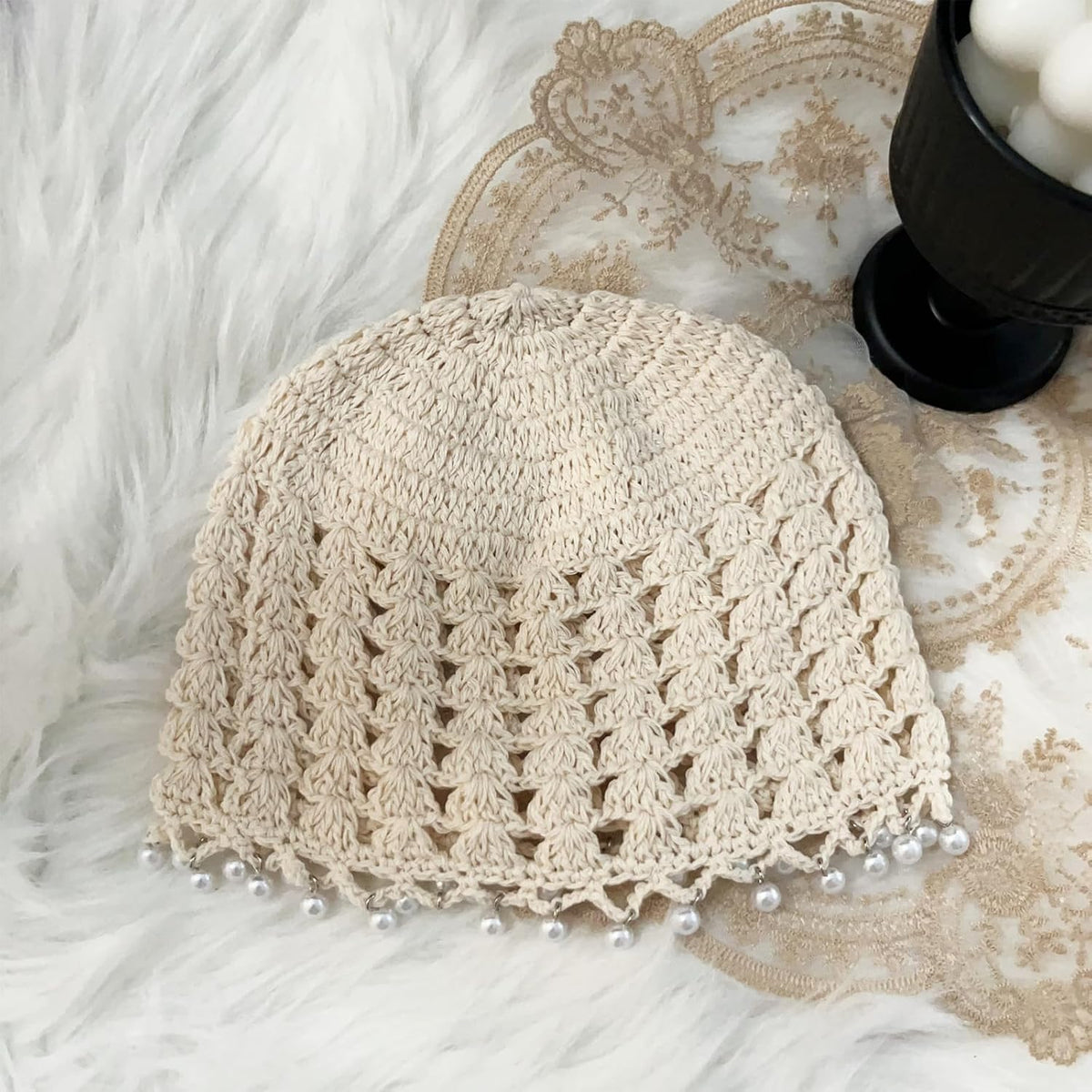 Lyfange Sombrero de ganchillo de perlas para mujer, hecho a mano, d...