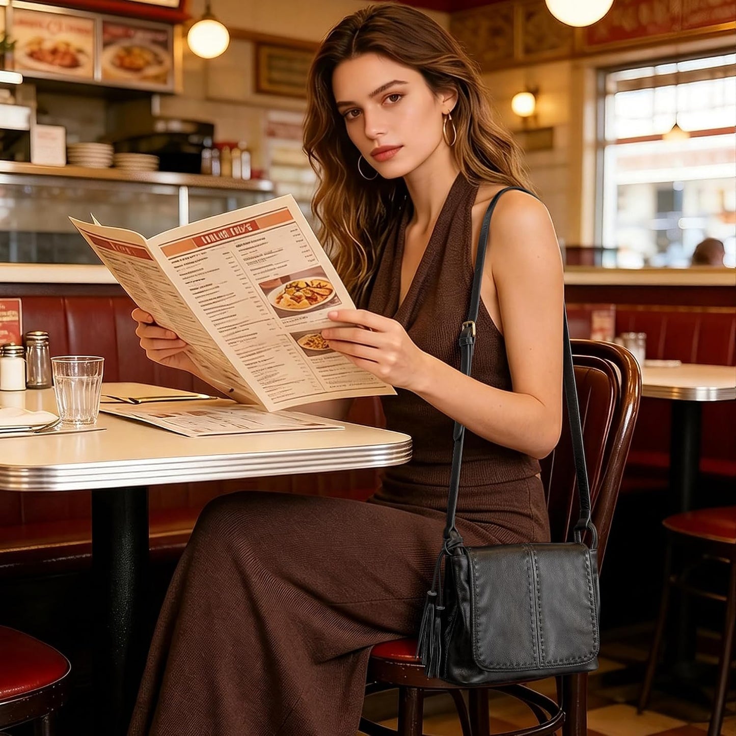befen Bolso cruzado de cuero vintage para mujer, bolso de cuero gen...
