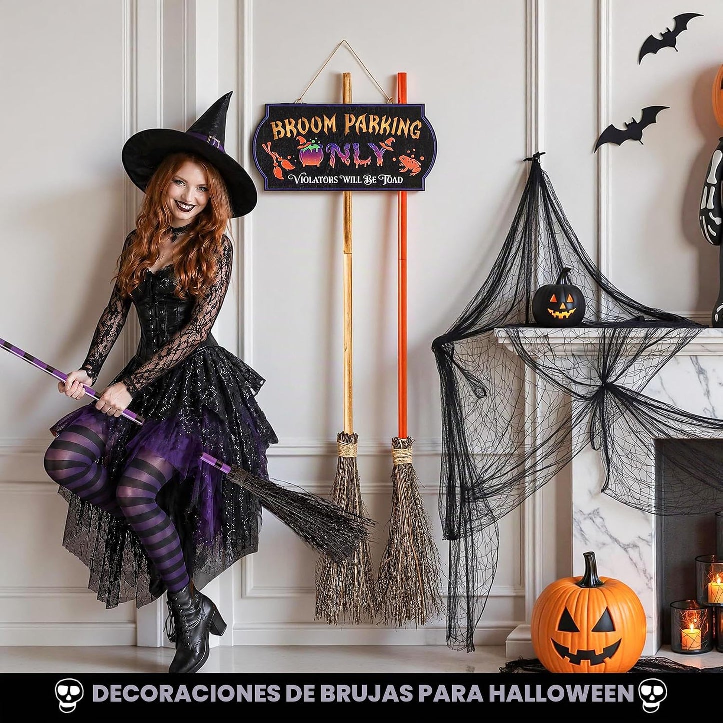 ELAMAS Decoraciones de Halloween con 3 escobas de bruja, letrero il...