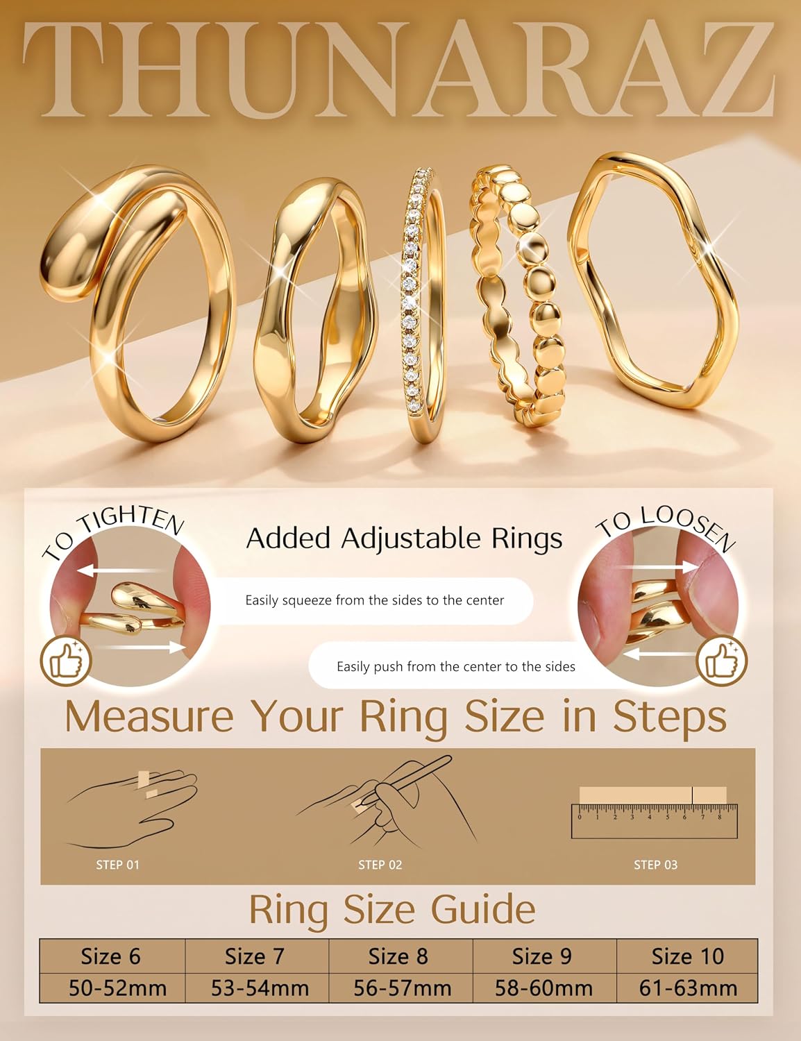 THUNARAZ Anillos chapados en oro de 14 quilates para mujer, no se d...
