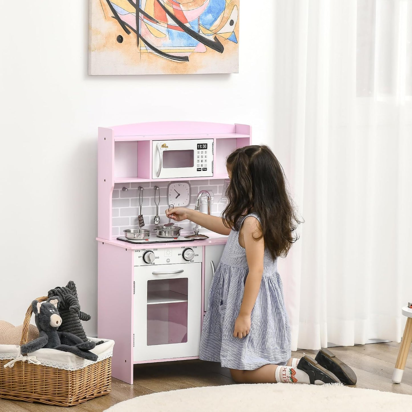 Qaba Juego de juguetes de cocina para niños, luces de estufa de 3 a...