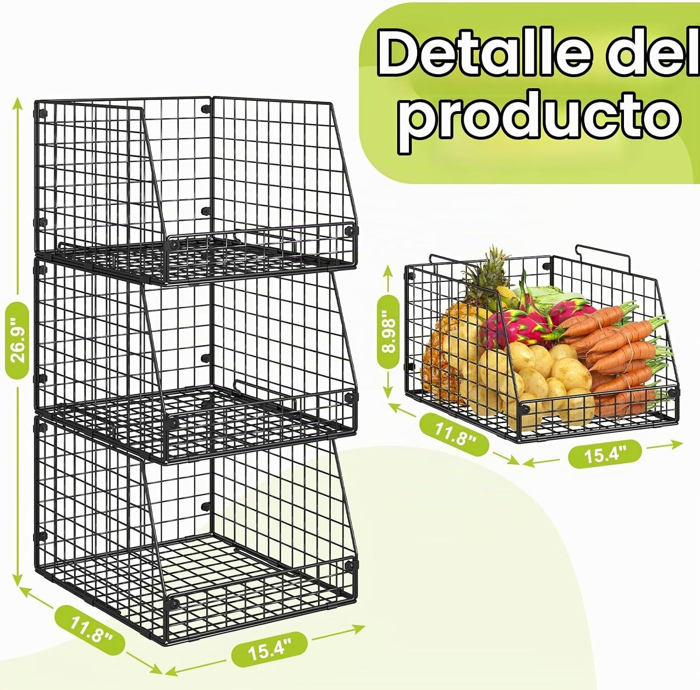 Paquete de 3 cestas de alambre apilables XXL, grandes contenedores...