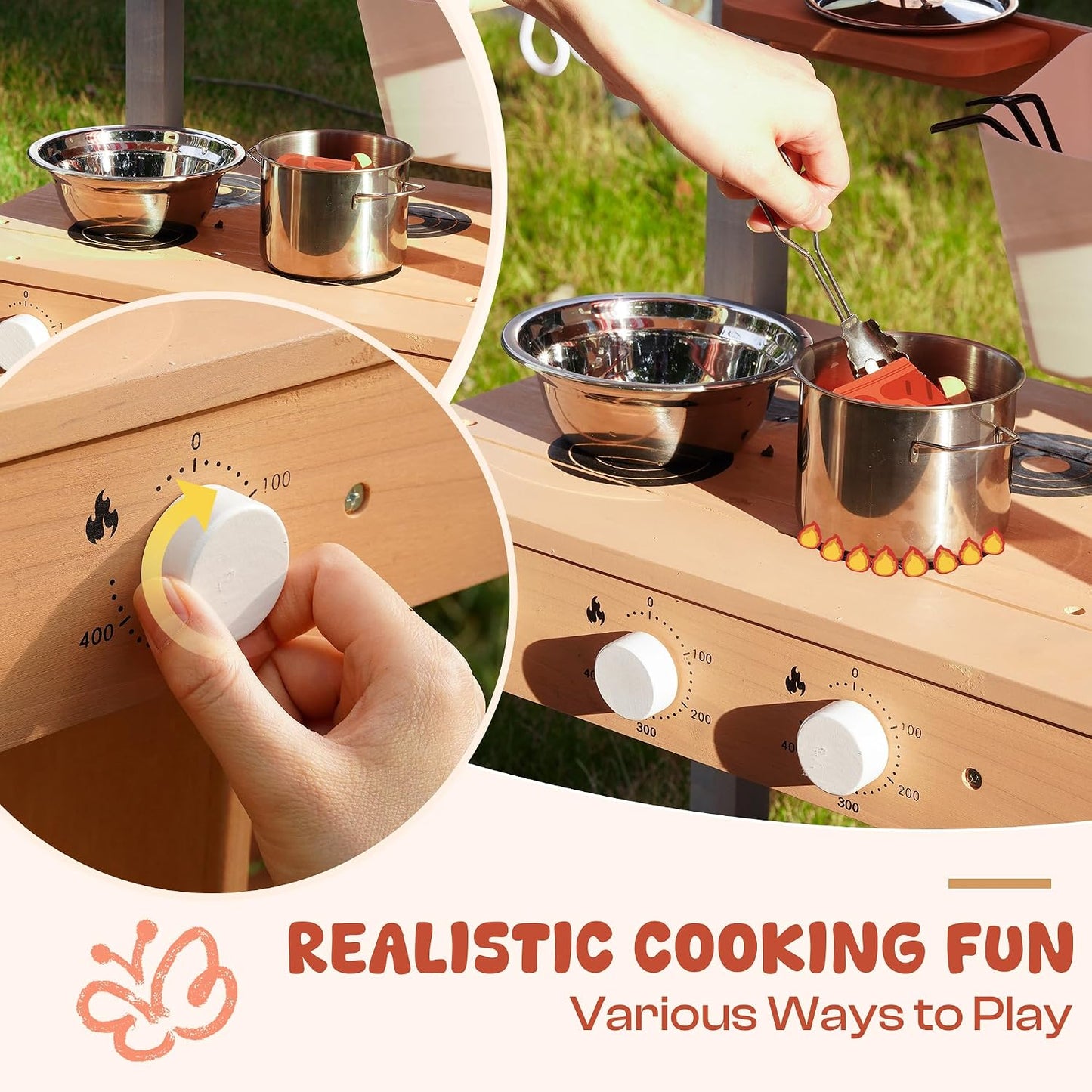 ROBUD Cocina de barro para niños, juego de madera al aire libre con...