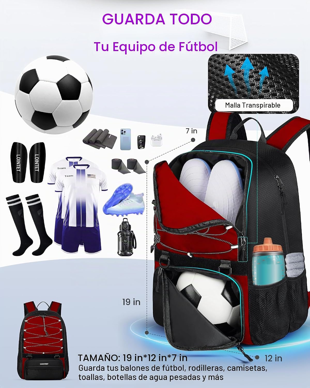 LOINTET Bolsa de fútbol juvenil, mochila de fútbol con compartiment...