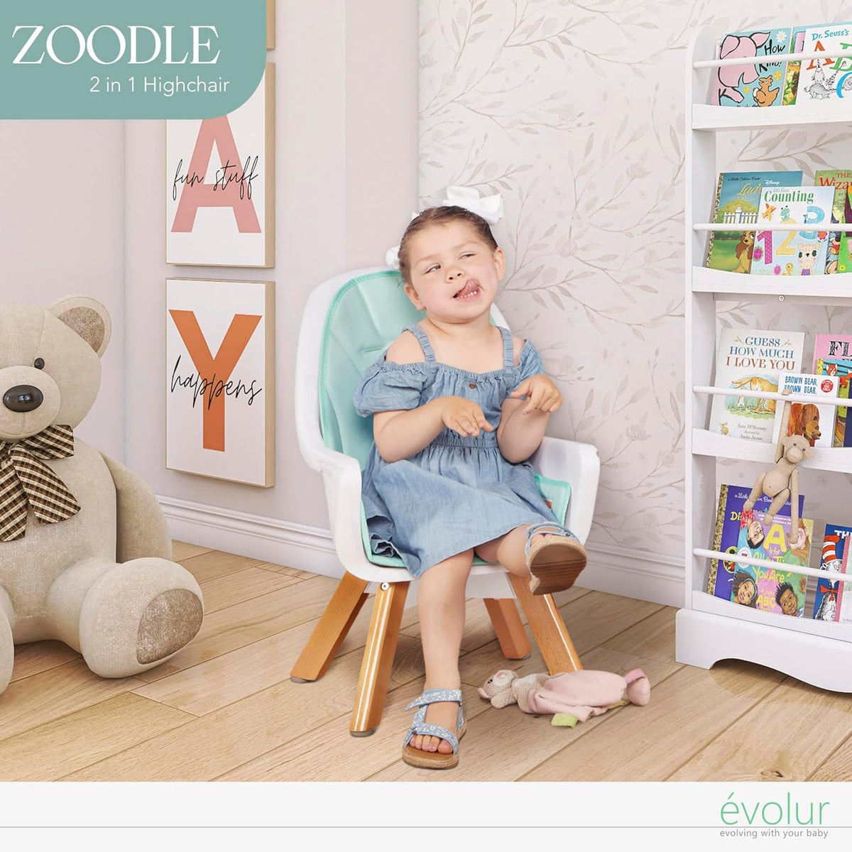 évolur Zoodle - Silla alta 3 en 1 en color menta, silla de alimenta...