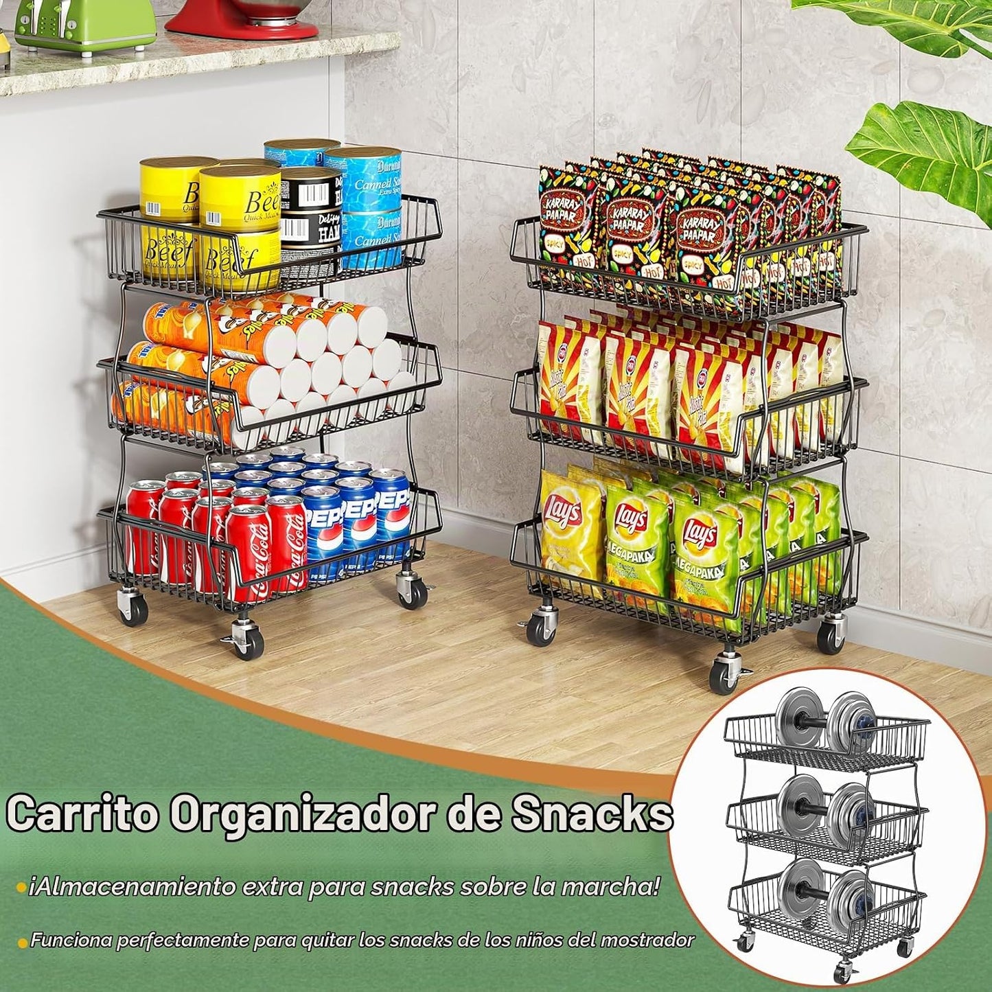 OKZEST Organizadores de despensa y carrito de almacenamiento con ru...