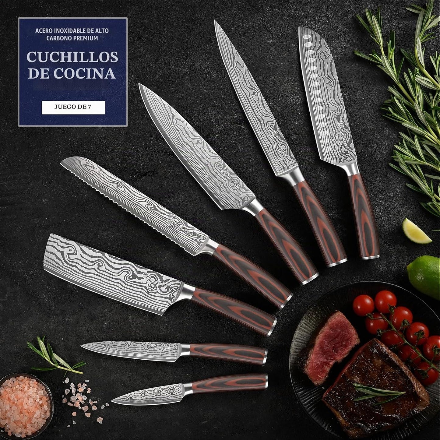 Sunnecko - Juego de cuchillos de cocina de 7 piezas. Juego de cuchi...