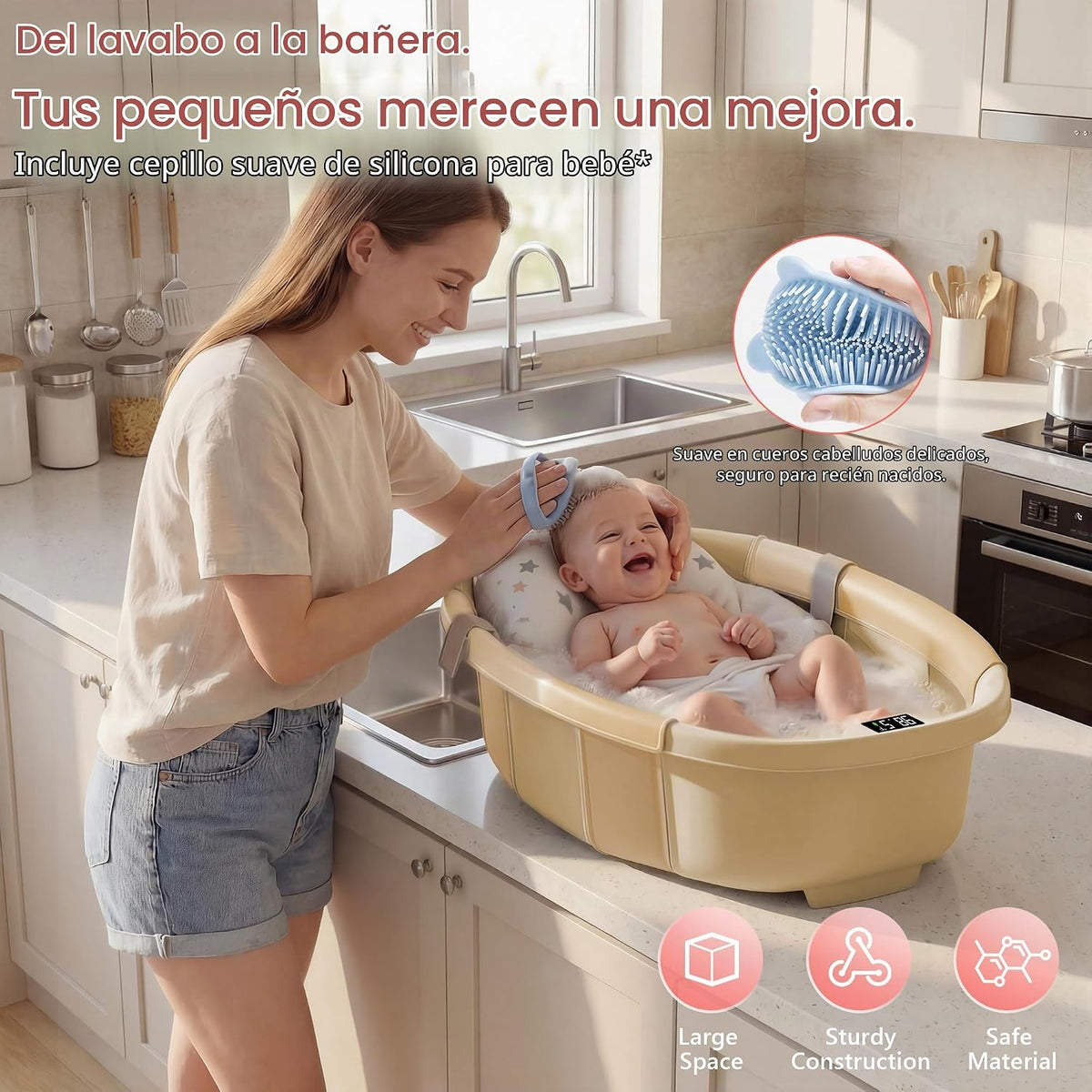 Bañera plegable para bebé, bañera grande con termómetro | Bañera es...