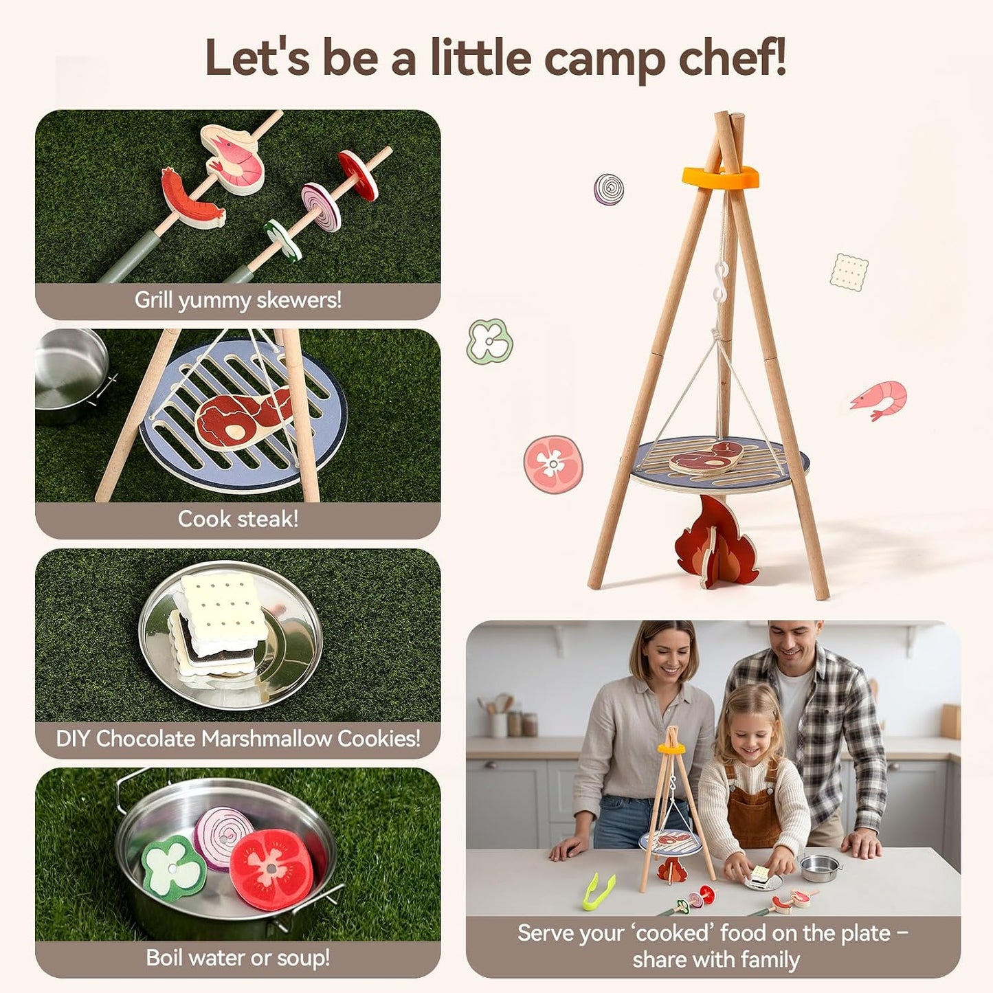 Parrilla de camping de madera para niños y juego de fiesta de té, j...