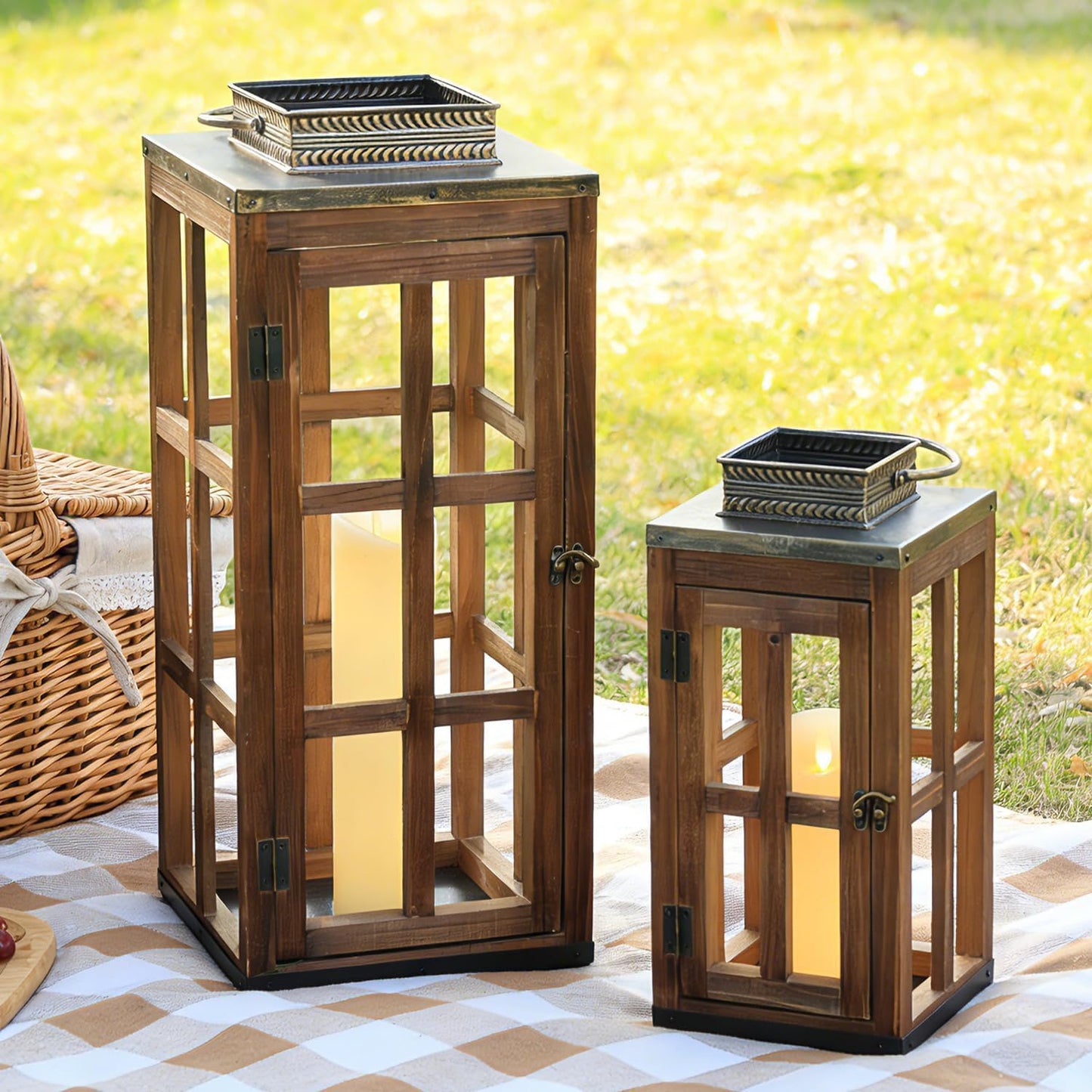 DECORKEY Juego de 2 faroles de metal de madera grandes de granja, 2...